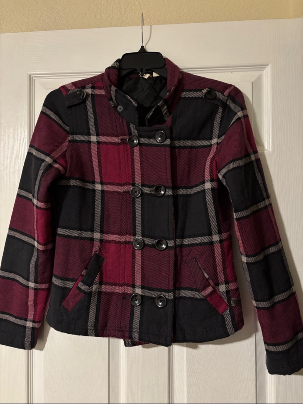 Roxy Plaid Double-Breasted Women's Peacoat - Black & Burgundy